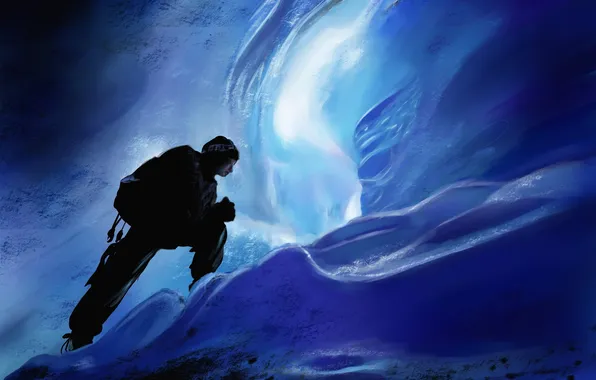 Картинка холод, арт, льды, льдины, пещера, альпинист, чеовек