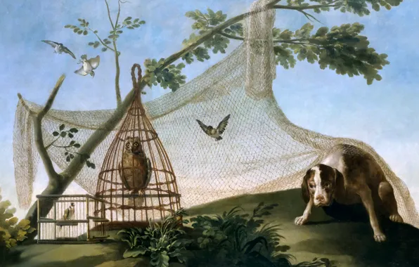 Картинка птица, сеть, собака, картина, клетка, жанровая, Франсиско Гойя, Охота с Претензией