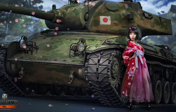 Картинка девушка, Япония, гейша, танк, girl, танки, WoT, Мир танков