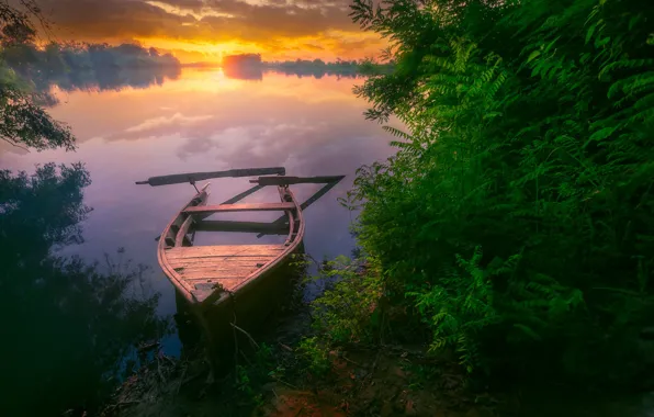 Вода, закат, река, лодка