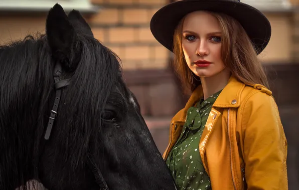 Картинка взгляд, морда, девушка, конь, лошадь, шляпа, Анюта Онтикова
