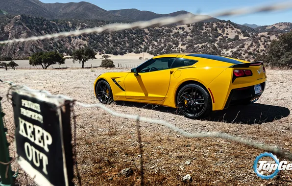 Картинка горы, желтый, Corvette, Chevrolet, Шевроле, Top Gear, вид сзади, Coupe