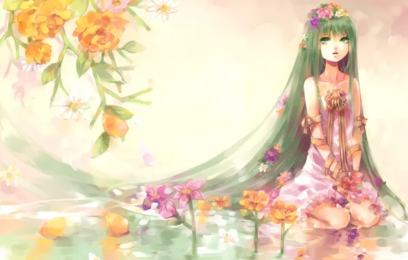 Картинка вода, девушка, цветы, ленты, рисунок, vocaloid, hatsune miku, бант