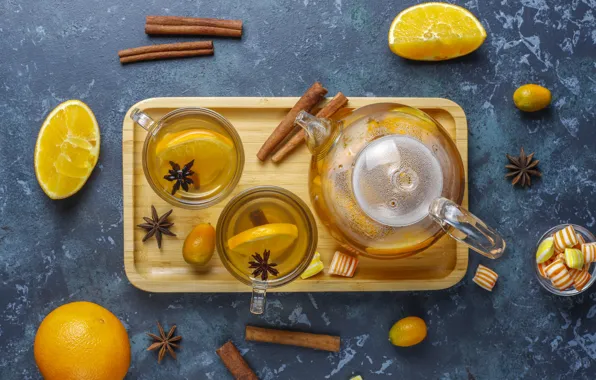 Стекло, стол, чай, апельсины, конфеты, чаепитие, чашки, чашка