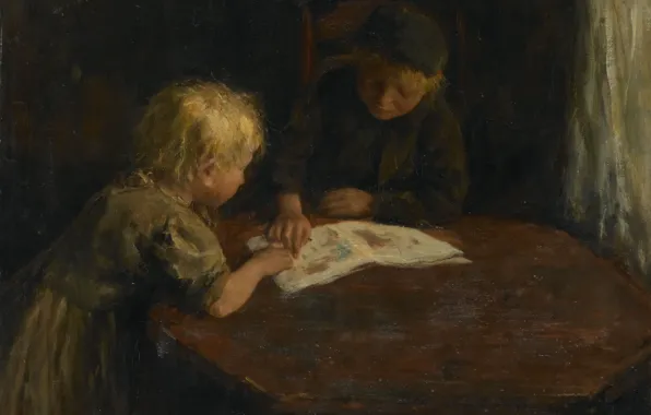 Масло, картина, холст, 1910, Джейкоб Саймон Хендрик Кевер, Jacob Simon Hendrik Kever, Дети с иллюстрированной …