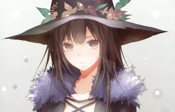 Взгляд, лицо, мех, серый фон, шляпа ведьмы, haruaki fuyuno