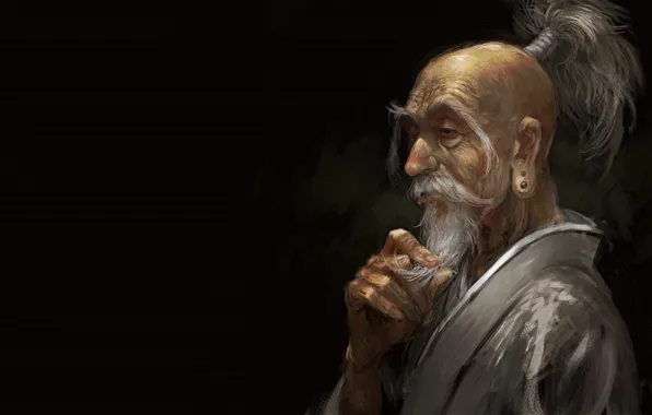 Картинка anime, man, asian, digital art, artwork, black background, old man, simple background