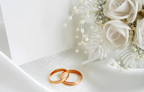 Белый, цветы, праздник, кольца, свадьба