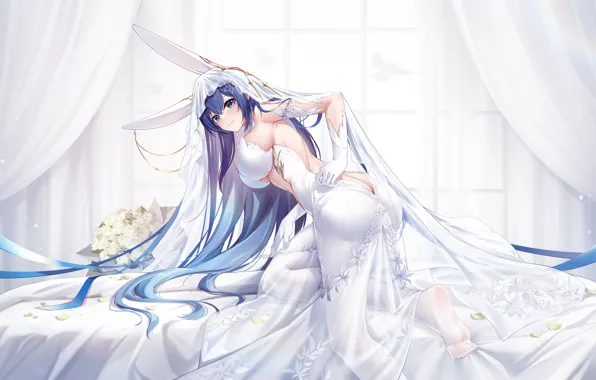 Девушка, кровать, букет, ушки, New Jersey, свадебный наряд, Azur Lane