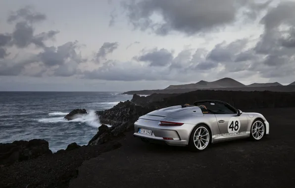Море, скалы, 911, Porsche, Speedster, 991, 2019, серо-серебристый