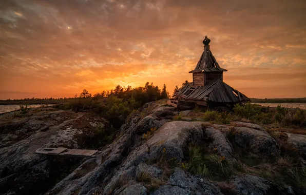 Облака, закат, камни, скалы, берег, вечер, церковь, руины