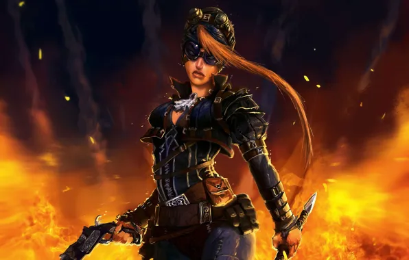 Картинка девушка, пистолет, оружие, огонь, меч, арт, очки, рыжая