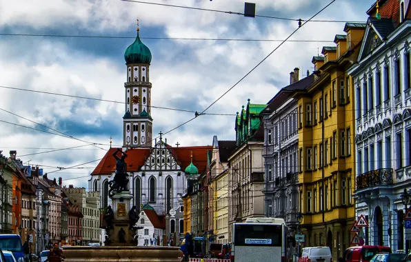 Картинка башня, дома, Германия, Бавария, площадь, собор, фонтан, скульптура