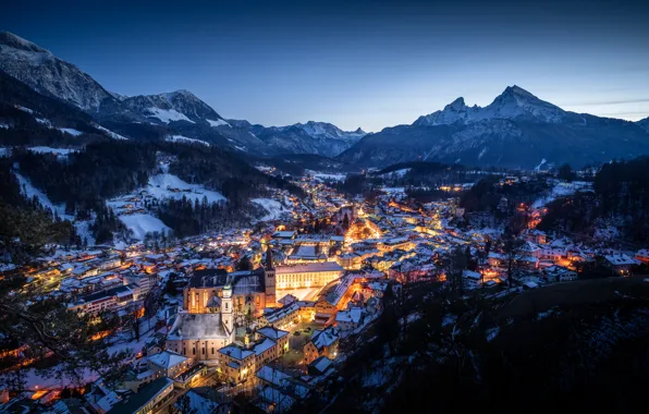 Картинка зима, горы, здания, дома, Германия, долина, Бавария, Альпы