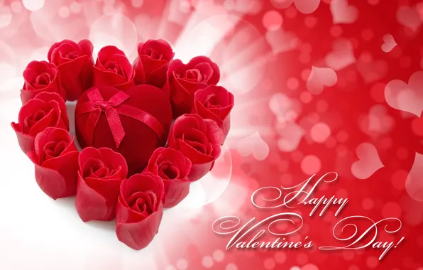 Подарок, сердечки, День святого Валентина, коробочка, розочки