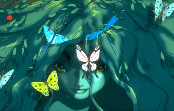 Взгляд, бабочки, магия, девочка, зеленые волосы, колдунья