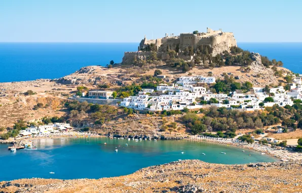 Море, город, остров, Греция, Greece, Rhodes, Lindos Acropolis