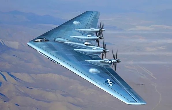 Картинка самолет, рисунок, ВВС США, тяжелый бомбардировщик, Northrop XB-35, экспериментальный, YB-35