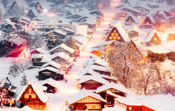 Картинка зима, снег, дома, Япония, деревня, домики, Japan, Сиракава-го