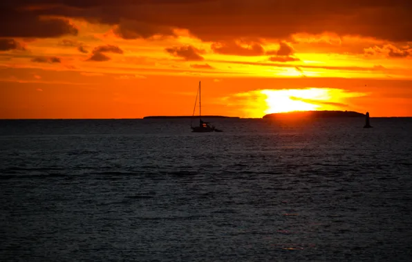 Sea, sunset, seafaring romance, sailing ship