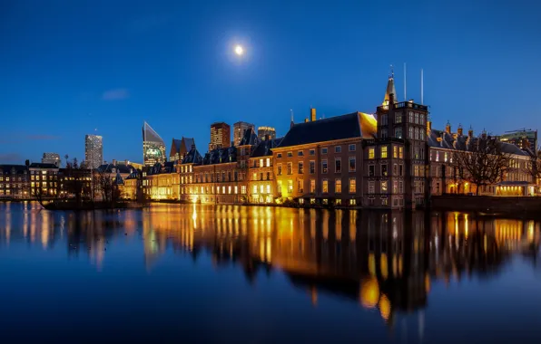 Огни, луна, вечер, подсветка, Нидерланды, Голландия, Гаага