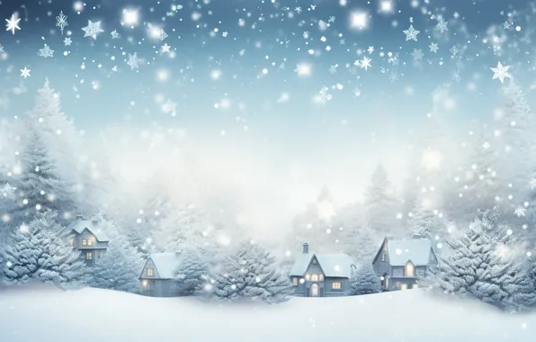 Зима, снег, елки, Новый Год, деревня, Рождество, домики, house