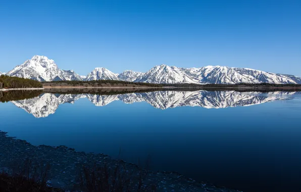 Горы, озеро, отражение, Вайоминг, USA, США, Grand Teton National Park