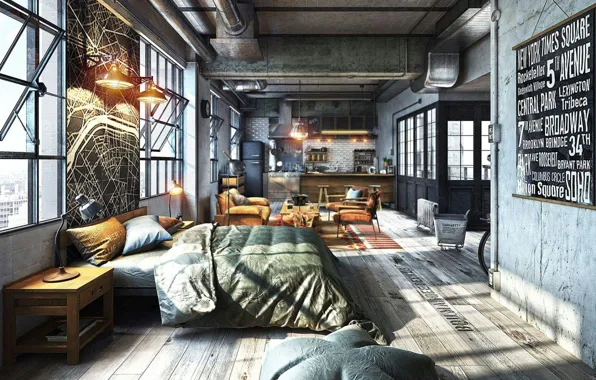 Стиль, интерьер, New York, лофт