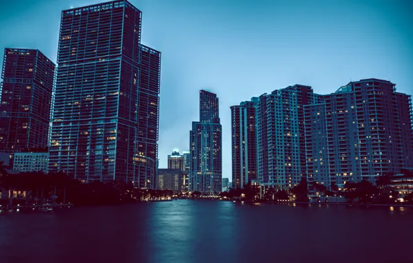 Картинка вода, огни, дома, Майами, небоскребы, вечер, Флорида, Miami