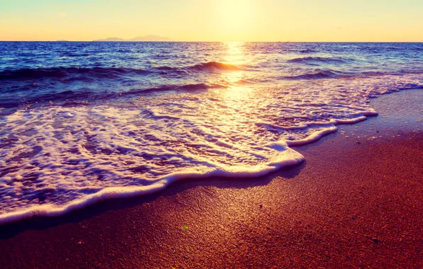 Песок, море, пляж, небо, солнце, пейзаж, закат, природа