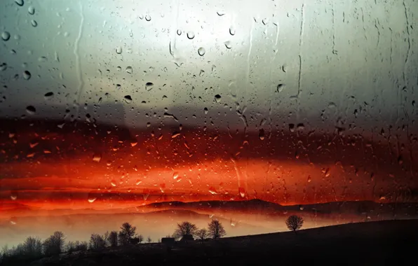 Капли, закат, дождь, вечер, окно
