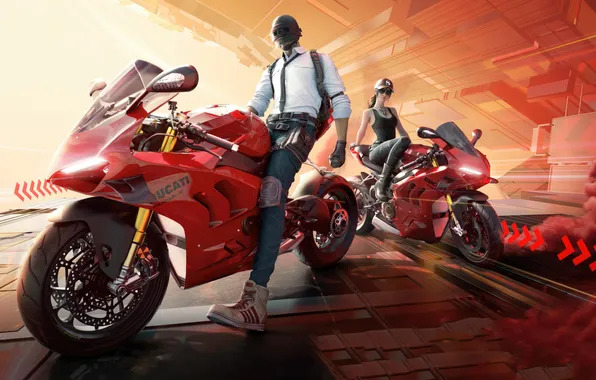 Red, girl, woman, man, pose, gloves, helmet, motorbike