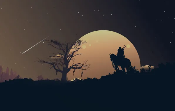 Moon, fantasy, game, The Witcher, landscape, night, stars, tree