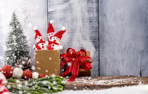 Картинка зима, снег, украшения, игрушки, Новый Год, Рождество, подарки, Christmas