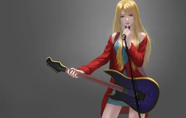 Девушка, фон, гитара, микрофон, anime, art