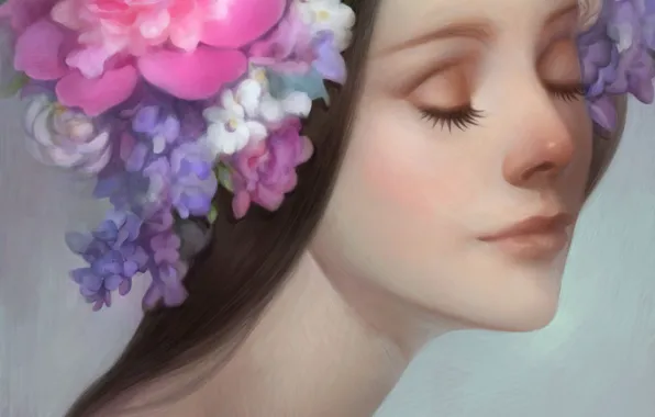 Картинка девушка, цветы, лицо, арт, венок