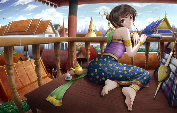 Картинка девушка, арт, балкон, музыкальный инструмент, сидя, ilolamai
