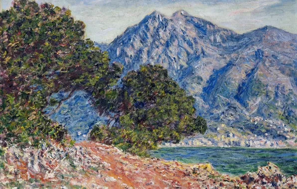 Картинка море, деревья, пейзаж, горы, картина, Клод Моне, Мыс Мартен