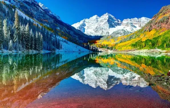 Картинка осень, лес, небо, вода, снег, отражения, горы, озеро