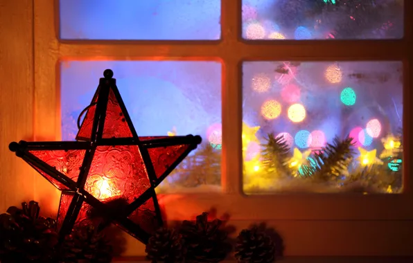 Картинка огни, звезда, елка, свеча, окно, Новый год, гирлянда, Christmas