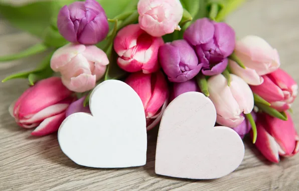 Картинка цветы, сердце, букет, тюльпаны, love, розовые, heart, pink