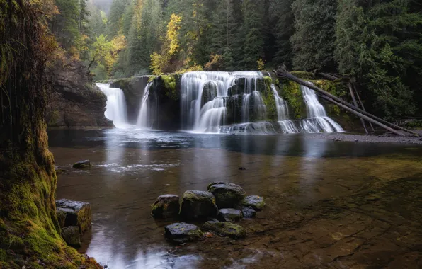 Осень, лес, озеро, камни, скалы, берег, водопад, водоем