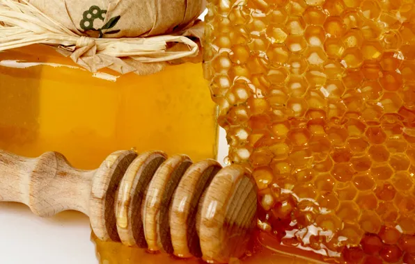Капли, соты, мед, ложка, банка, сладости, мёд, honeycomb