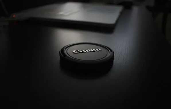 Dark, black, notebook, Canon, bokeh, cap, table, laptop