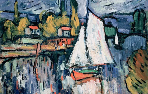 Пейзаж, лодка, картина, парус, Морис де Вламинк, Maurice de Vlaminck, Вид Сены