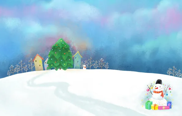 Картинка облака, снег, украшения, рисунок, сугробы, подарки, домики, снеговик