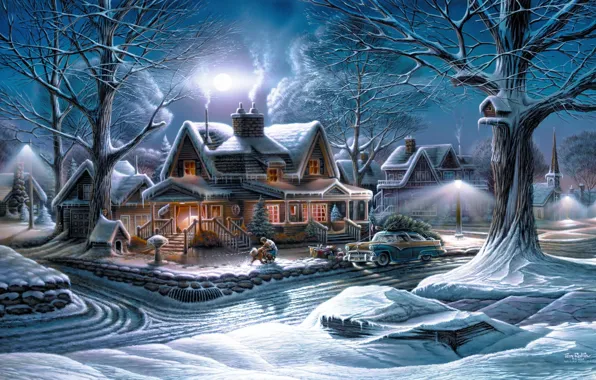 Картинка зима, машина, снег, деревья, праздник, луна, улица, елка