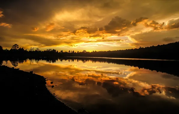 Картинка пейзаж, закат, озеро, отражение