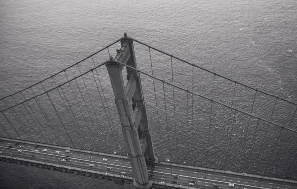 USA, United States, cars, bridge, black and white, traffic, architecture, height