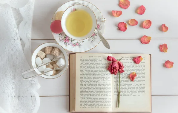 Картинка чай, роза, лепестки, сахар, книга